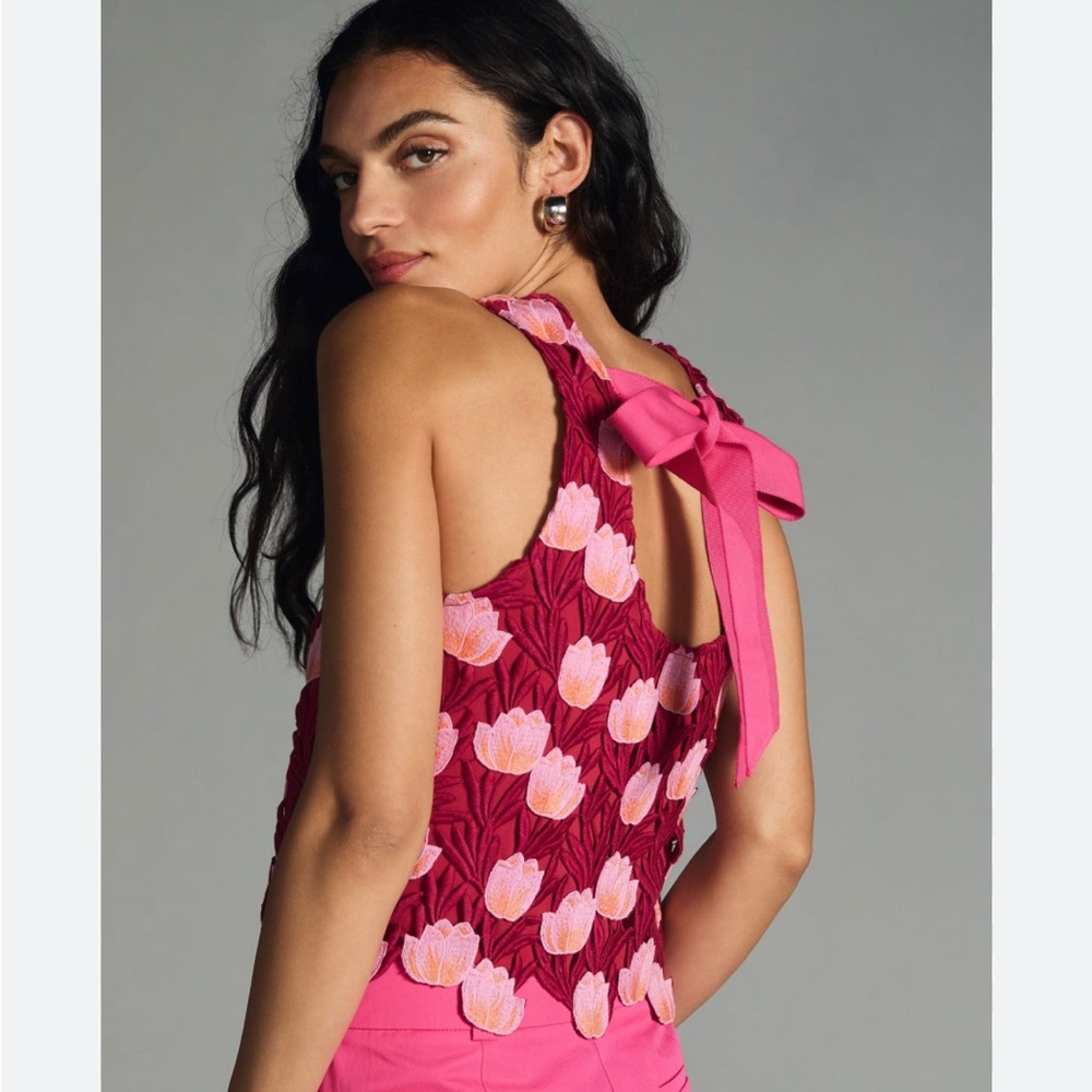 Anthropologie Pink and Magenta Floral Embroidered Tank with Back Bow